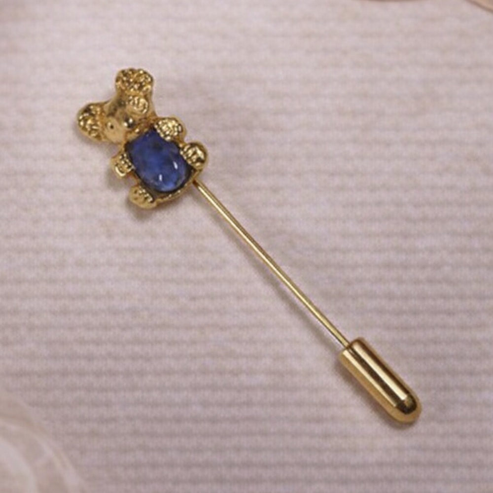 Vintage Teddy Bear Blue Stick Pin Gold Tone Figural Lapel Pin Animal